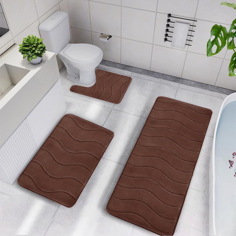 Soft Non-slip Bathroom Mat Set, 3pcs/set Household Wave Embossed Quick-dry Rug, Washable Water Absorbent Floor Pad, Household Bundle Bathroom Accessories 7