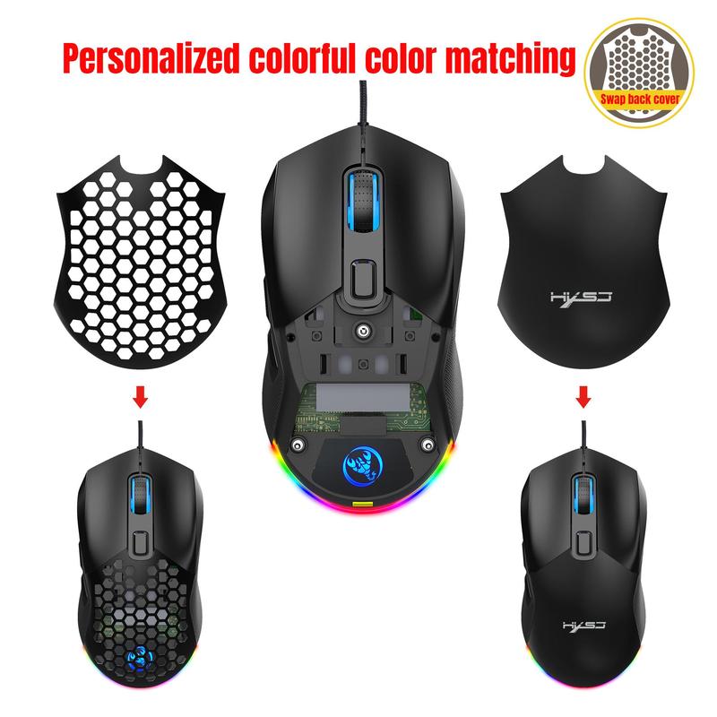Wired Mouse, RGB Backlight Hollowed Out Gaming Mouse with Replaceable Back Cover, Lightweight Mouse for Home & Office 3