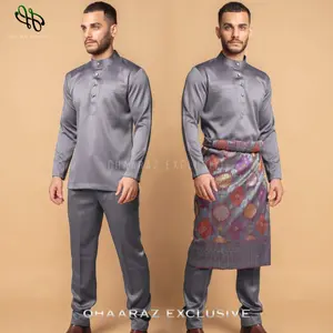 Zaffen Baju Melayu Pria Setelan Koko Muslim Modern Bahan Satin Velvet Satu Set Pakaian Kurta Cekak Musang Teluk Belanga Kurung Malaysia Riau Premium Dark Grey