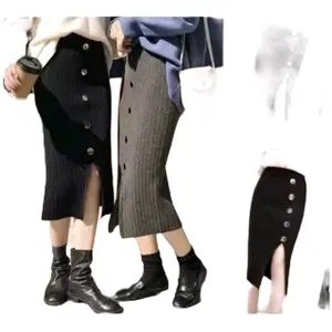 Rok Midi Rajut Kancing Premium Wanita - Tebal & Nyaman - Pensil, Variasi, Samping Panjang - Allsize XL - Cocok Berat Badan 40-75kg - Belahan 20cm - Bahan Rajut Berkualitas Tinggi