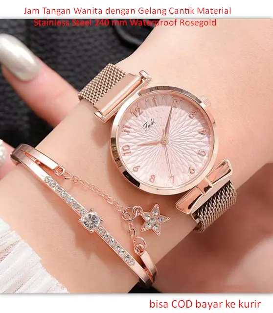 Jam Tangan Wanita dengan Gelang Cantik Material Stainless Steel 240 mm Waterproof Rosegold