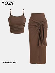 YOZY Women's Solid Ruched Crop Cami Top & Knot Side Skirt Two-piece Set, Casual Adjustable Strap Top & Skirt for Daily Wear, Ladies Clothes for All Seasons, Minimalist Clothing