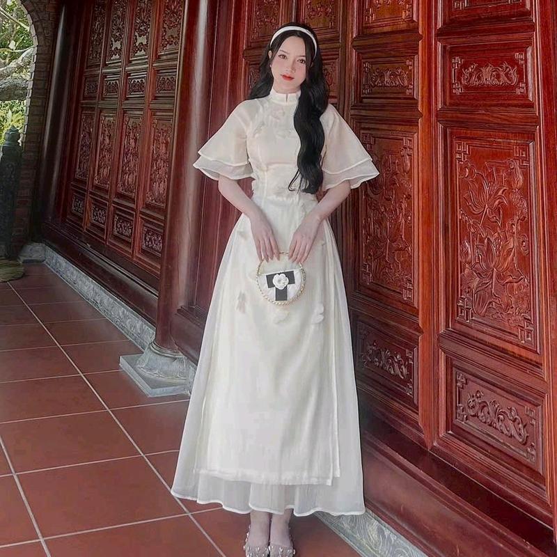 SÉT ÁO DÀI TƠ ĐÍNH BÔNG tay phồng phối chân váy voan lụa 8