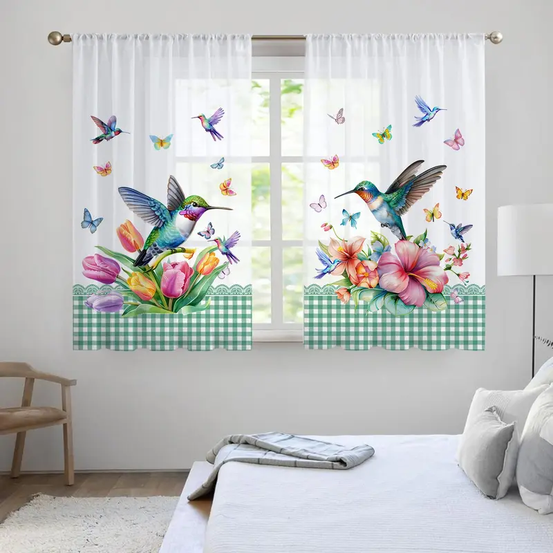 Floral & Hummingbird Pattern Curtain, 2 Counts/set Modern Simple Short Curtain, Window Curtain for Home Living Room Bedroom Kitchen Bathroom 0