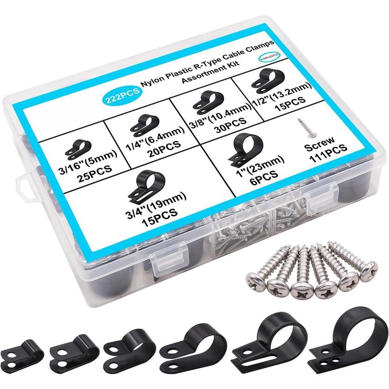222PCS Black Cable Clamps Assortment Kit Nylon Plastic R-Type 6 Sizes 3 ...
