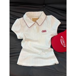 Academy Style White Short Sleeve Polo Collar Waist-Tied T-Shirt for Women Summer 2025 Unique Super Popular Youthful Sweet and Spicy Top