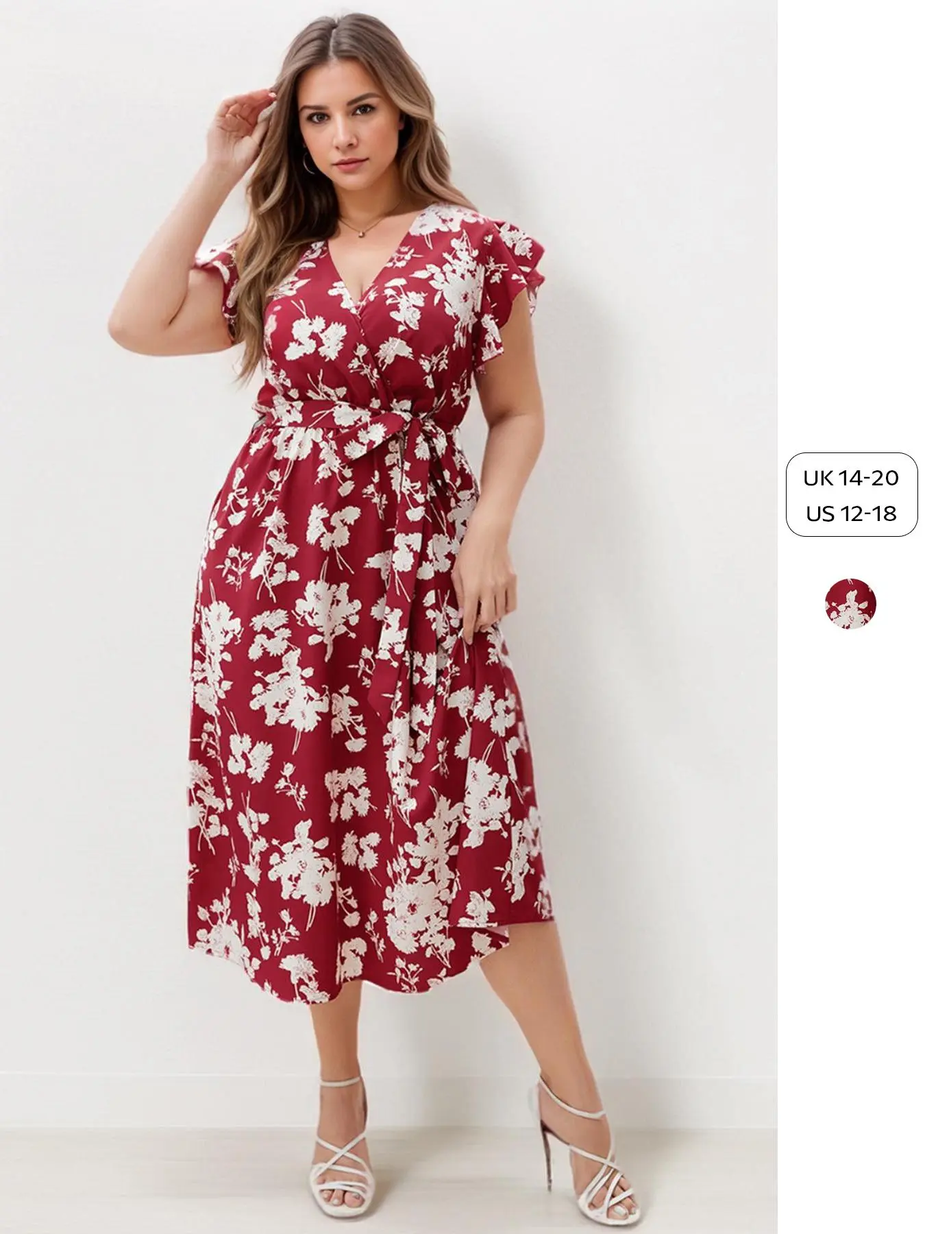 【Plus Size】 Floral Print Tie Waist V Neck Dress, Casual cap  Sleeve Dress for Daily Wear, Women's Plus Clothing for All Seasons