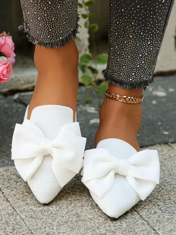 Women's Elegant Plain Bowknot Design Slip on Flats, Casual Pu Soft Comfortable Flat Shoes, Fashionable Pointed Toe Shoes for Daily Wear 2