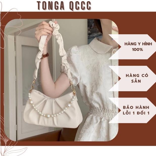 Túi xách đeo vai đeo chéo ngọc trai hình đám mây QCCC vừa điện thoại da PU bag nữ màu kem tiểu thư
