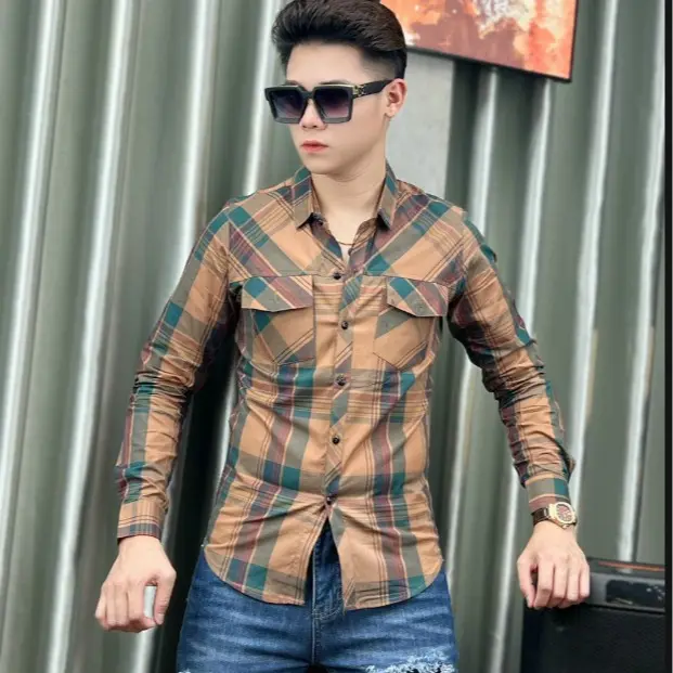 Áo sơ mi nam dài tay kẻ caro nhiều màu, dáng ôm body, có 2 túi - Có Cổ 3