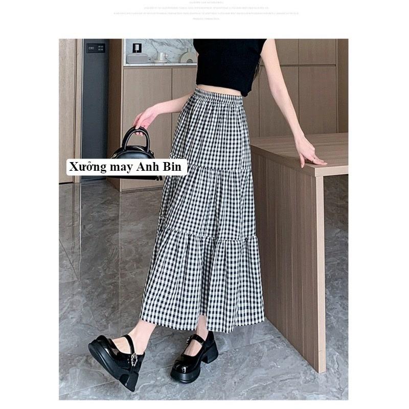 Chân váy maxi 3 tầng kẻ caro cạp chun lưng cao, dài 86-88cm chất đũi Nhật cao cấp mềm mại và thanh thoát 2