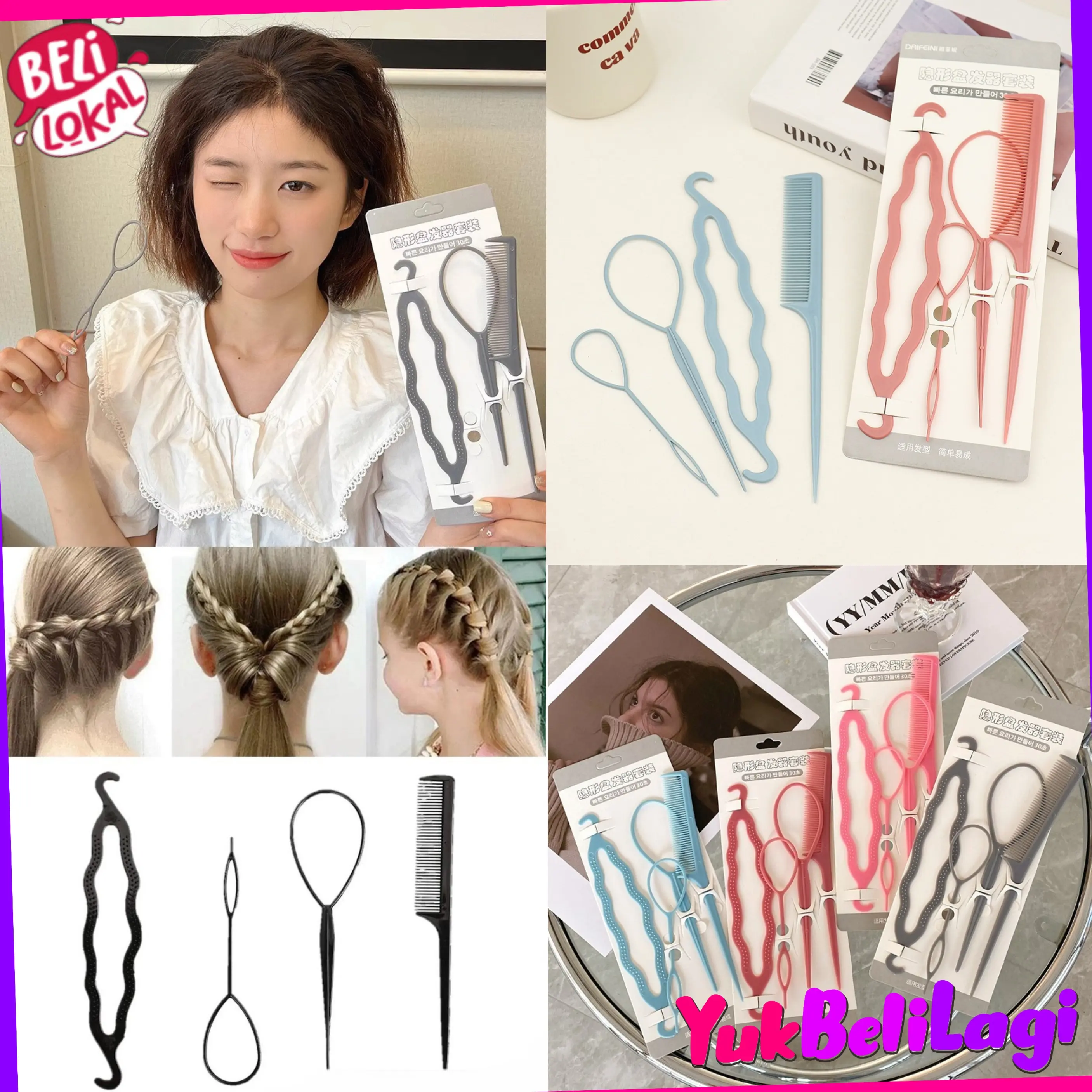 YBL-Set Sisir Styling Rambut 4 in 1 Alat Styling Sanggul Konde Kepang ...