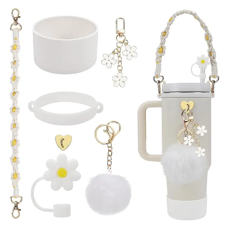 Flower Design Drinkware Accessories Set without Cup, 1 Set Cup Handle & Cup Sleeve & Straw Cover & Cup Ornament, Drinkware Decoration for 30oz & 40oz Cup