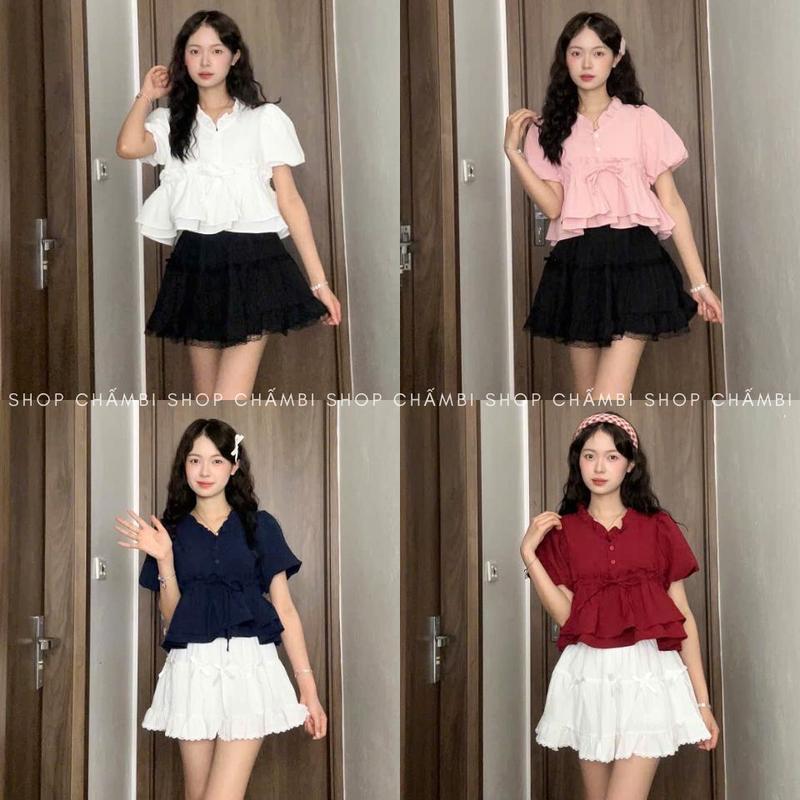 Áo babydoll phồng A.726 Áo babydoll kiểu croptop xòe 2 tầng tay bồng cổ bèo phông cách dễ thương - Shop Chấm Bi