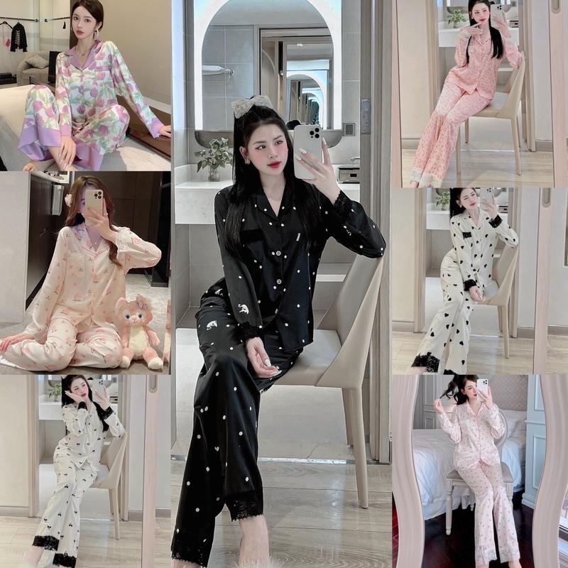 Đồ Bộ Nữ Lụa Latin Tơ Tằm Tay Dài Quần Dài Phối Ren Mềm Mịn Women Mới Hàng Cao Cấp Quần Ngủ Áo Ngủ Cho Nữ Hạc Đen Nơ Nhí Sang Đẹp