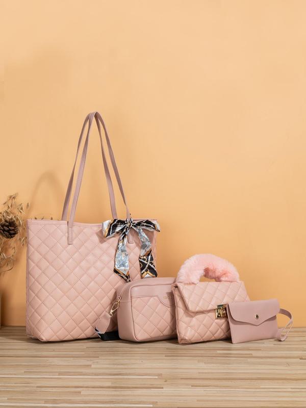 Summer 2025 Rhombus Quilted Lux Bag Set, Travel Essentials for Women,  Gifts for Girlfriend, Scarf Bow Decor Shoulder Bag & Crossbody Bag & Cute Plush Handbags & Wristlet Wallet & Crossbody Bag, Work Bag 2