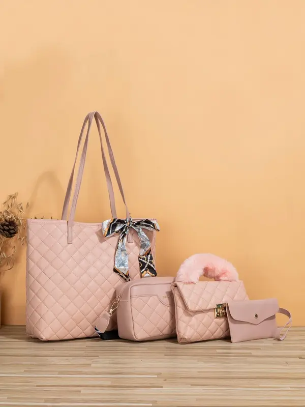Summer 2025 Rhombus Quilted Lux Bag Set, Travel Essentials for Women,  Gifts for Girlfriend, Scarf Bow Decor Shoulder Bag & Crossbody Bag & Cute Plush Handbags & Wristlet Wallet & Crossbody Bag, Work Bag 2