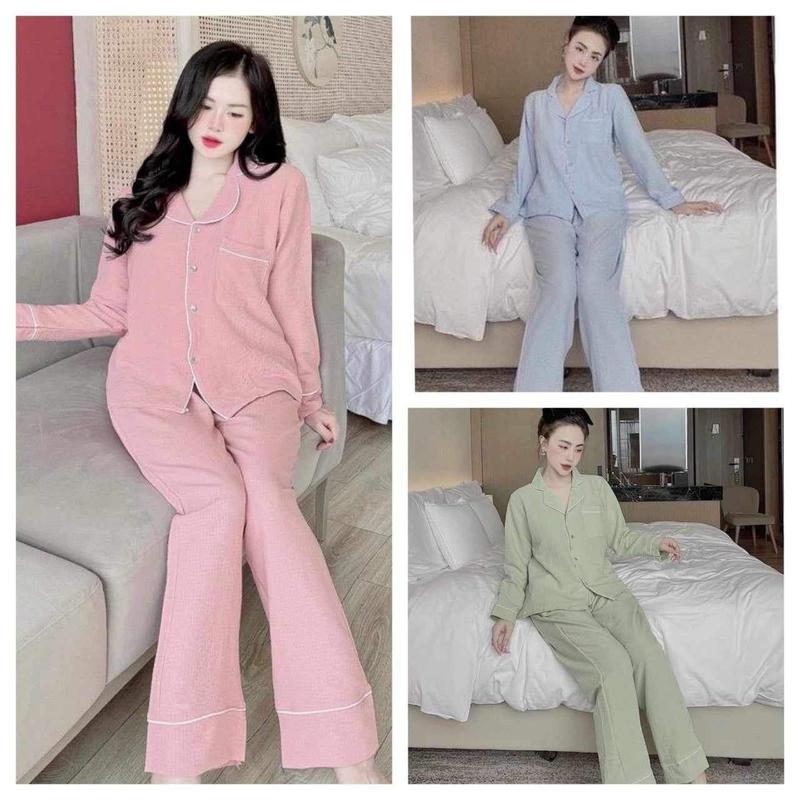    deal hời     2 size-  Bộ Pijama  Áo Dài+ Quần Dài  Cổ Vét Chất Liệu Đũi Xốp Trơn Mềm Mịn  dành  cho Thu Đông-  -Women Nữ 