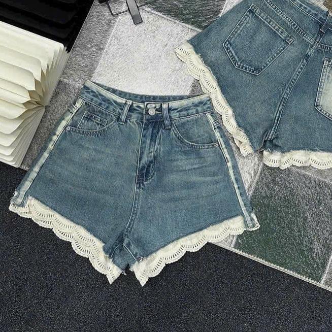 TIENSTYLE - Quần đùi bò lưng viền ren trắng ,Quần jean nữ short lật lưng phom xòe Size S M L XL