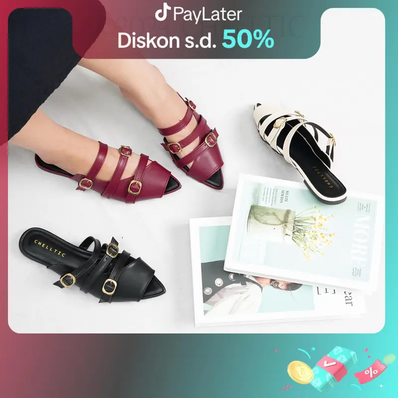 CHELLTIC Sandal Wanita Slip On Mules Hak Datar Kekinian Terbaru |Sendal Strap Tali Gesper Cewek Korea |Women Sandal Flat /Selop Perempuan Remaja |Sndal Flip Flop Tersedia Size 37-40 COD 0