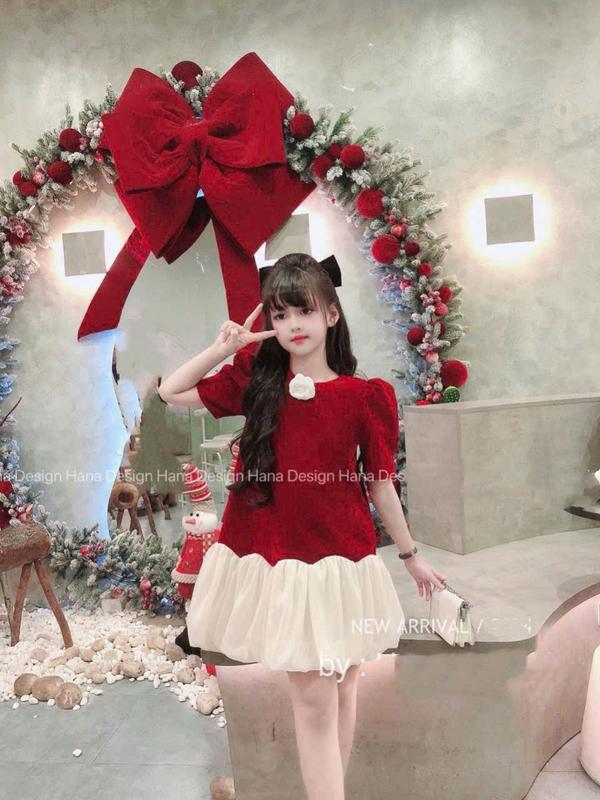 (Nhungdc) Váy nhung đỏ tiểu thư cho bé gái