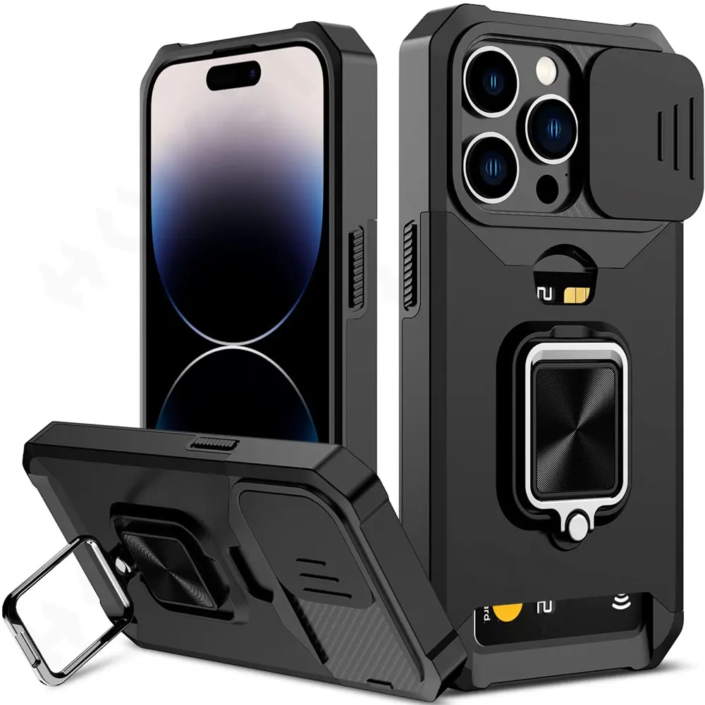 Ốp Cho iPhone 16, 15, 14, 13, 12, 11, Pro Max, XS / X, XR, Có Giá Đỡ Thẻ Camera Trượt, Vòng Bảo Vệ Chịu Lực Chân Đế Từ Tính, Vỏ Áo Giáp