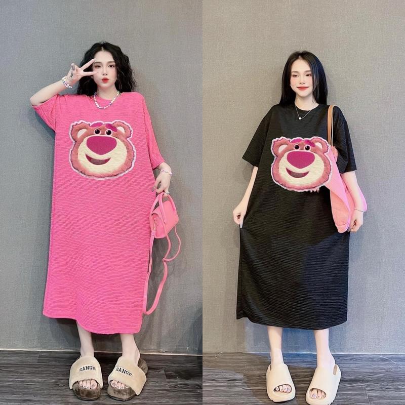 Đầm suông thun xốp THÊU GẤU form rộng dáng dài basic đầm bầu Nữ Women