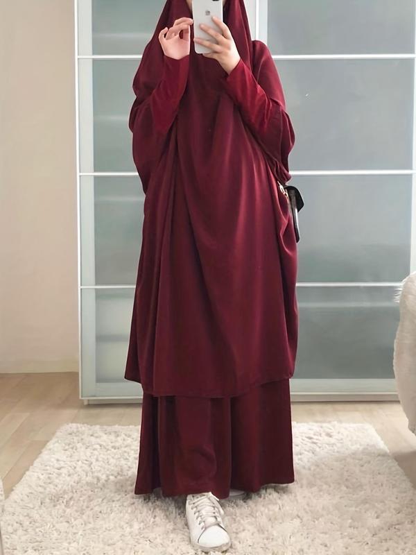 Women's Plain Knot Hooded Batwing Sleeve Abaya & Maxi Dress Set, Modest Two-piece Muslim Outfits for Daily Wear, Co-ords Set, Islamic Clothing for Spring & Fall, Modest Clothes 3