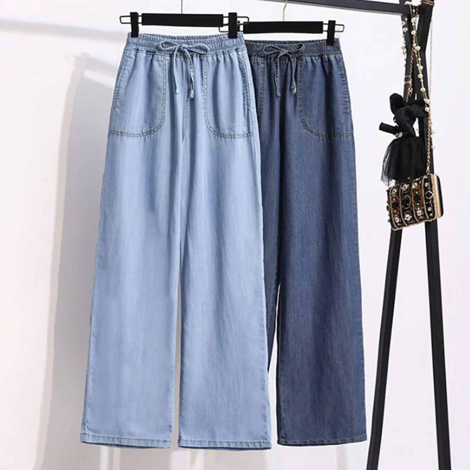 [GE]Women Jeans Drawstring Elastic Waist Wide Leg Loose Solid Color Straight Leg Multi Pockets Daily Wear Casual Long Trousers