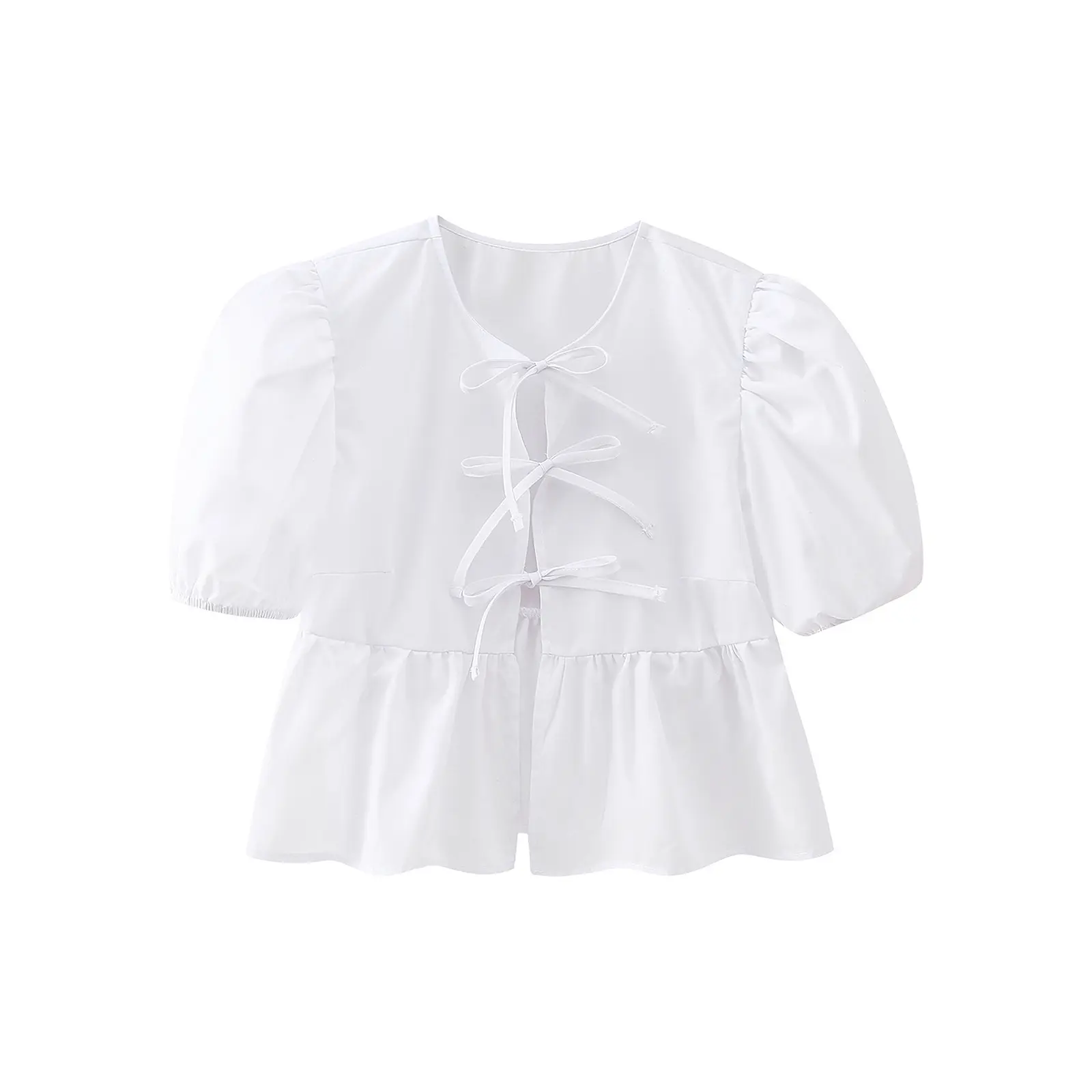 Women's Summer Babydoll T-Shirt Solid/Stripe Short Puff Sleeve Round Neck Tie-Up Front Peplum Tops