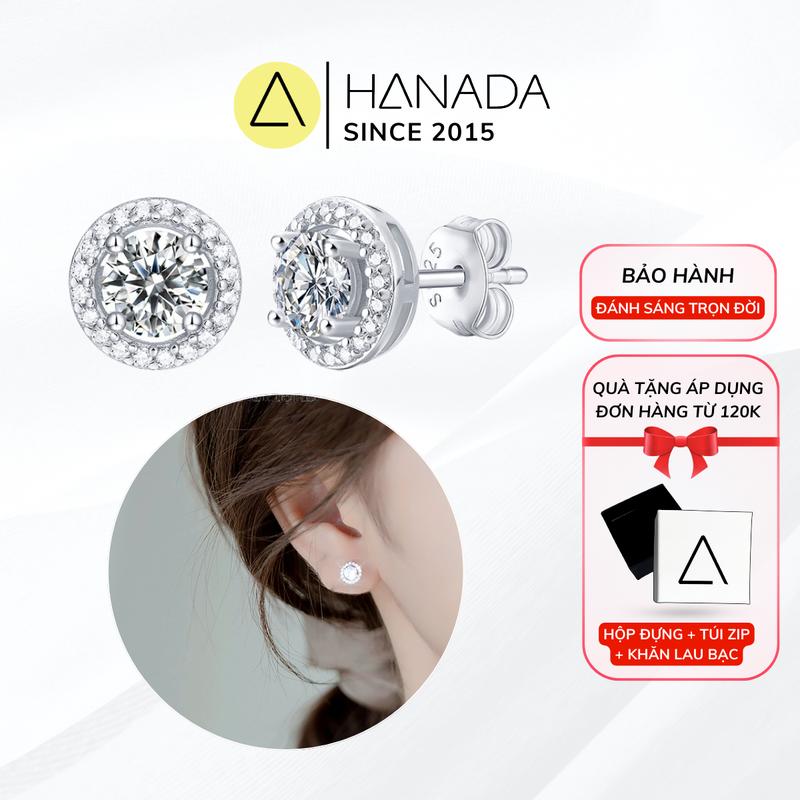 Bông tai bạc 925 nam nữ Tròn Đá Chuẩn 6A hoa tai đẹp cho nữ trang sức sáng lấp lánh đi Tiệc Thanh lịch bông tai nam nữ Hanada 0950 B16