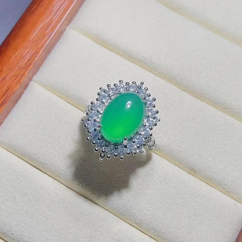 Natural Jewelry Wholesale Green Chalcedony Ring Inlaid Style Women's Ring Adjustable Ring Chalcedony Ring Live Broadcast Source Small Gift Source