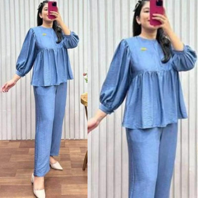 One set donita / baju setelan celana panjang / baju setelan modern / one set kekinian adem Atasan Biru Hijau Kancing Katun Linen 1