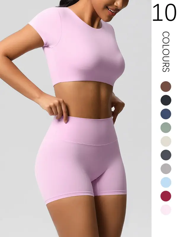 Two-Piece Set Women's Solid Ribbed Crop Top & High Waist Shorts Tracksuit Set, Breathable Comfortable Seamless for Yoga Gym Workout Running, Ladies Sportswear for All Seasons 1