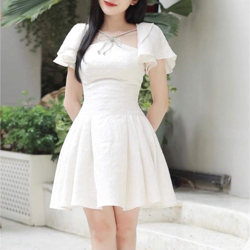 KHÁNH VY STORE Đầm Xòe Tay Cánh Tiên 31207 + Nơ Đá Kem Đen Chất Liệu Xốp Tapta Size XS S M Sang Trọng Quý Phái