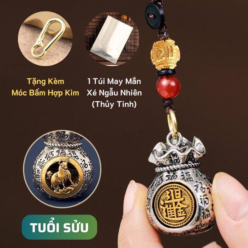   KÈM MÓC BẤM + 1 TÚI XÉ THỦY TINH  Móc Khóa Túi Tiền 12 Con Giáp Chất Liệu Hợp Kim Kẽm + Dây Đen Hạt Châu Đỏ Móc Khoá 