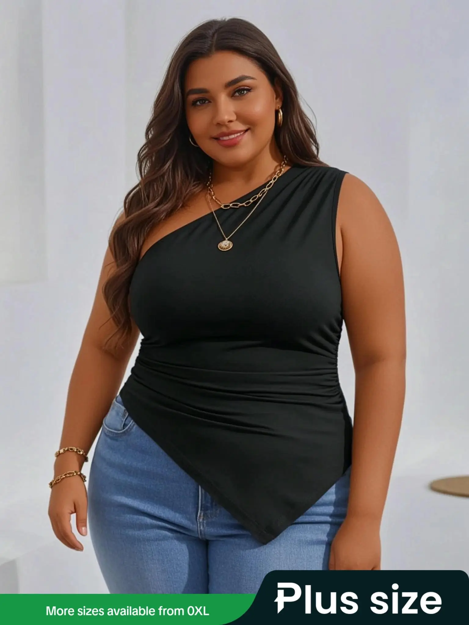 【Plus Size】 Solid Ruched Asymmetrical Hem Tank Top, Casual One Shoulder Sleeveless Top for Daily Wear, Women Plus Clothing for All Seasons
