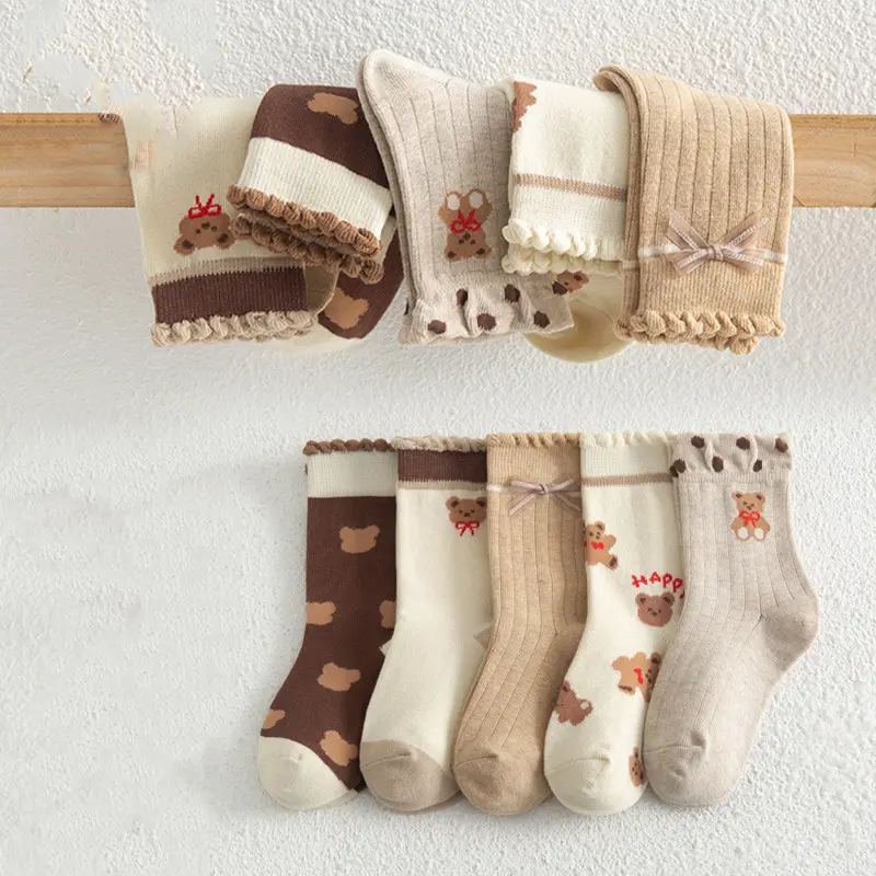 Tất Cotton Ấm Áp Cho Bé, 5 Đôi / lô, Gấu Hoạt Hình, Mùa Thu Đông, Cho Trẻ Mới Biết Đi, Bé Trai Và Bé Gái, Nơ In Hình Dễ Thương, Tất Ống Giữa Cho Trẻ Em 4