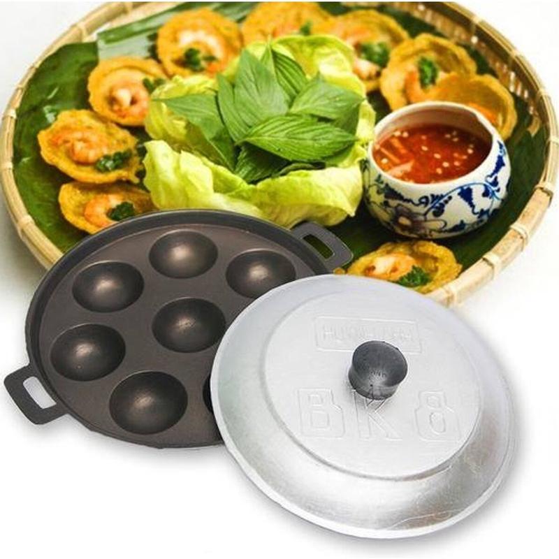 Khuôn làm bánh khọt chống dính 8 lỗ kèm nắp đậy, chảo làm bánh khọt cao cấp