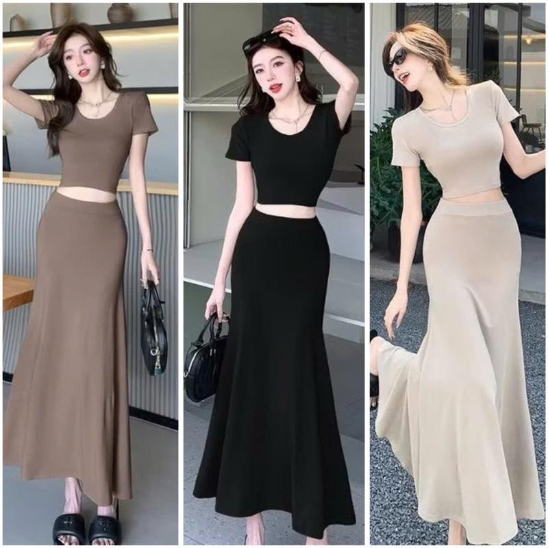  Set áo croptop tay ngắn mix chân váy đuôi cá xòe dài - thun gân lạnh GL75 