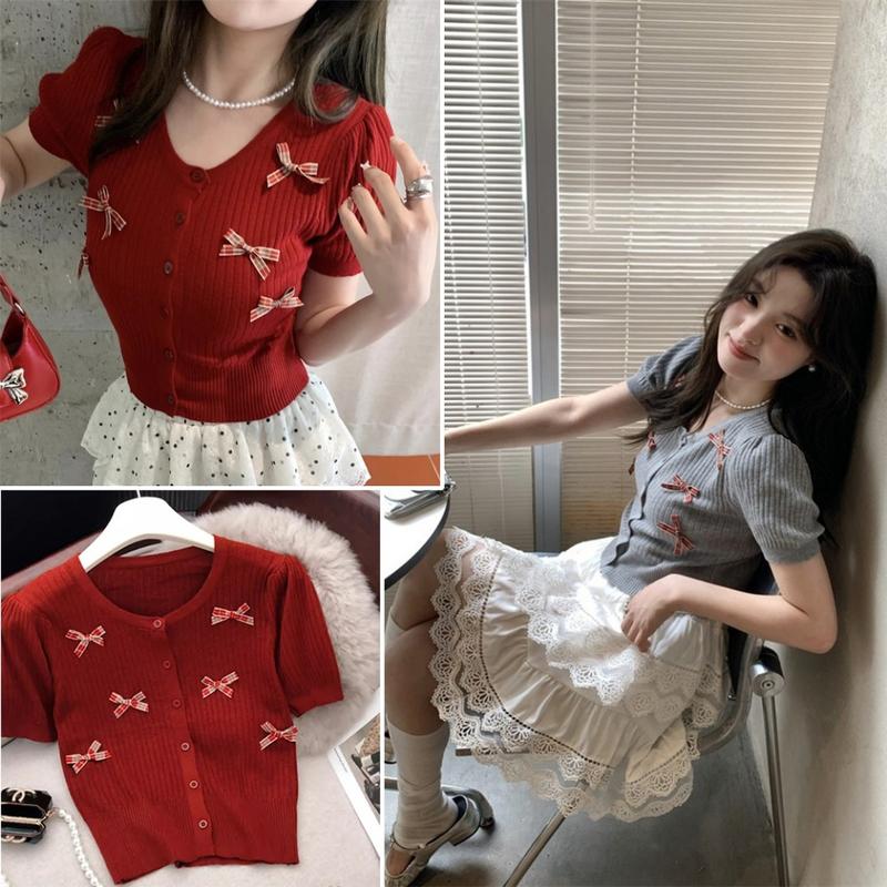 Áo len mongtoghi nữ thêu nơ, áo len dệt kim, áo len mỏng cộc tay chất len mềm thu đông bốn mùa, màu đỏ, ghi có khuy Voi