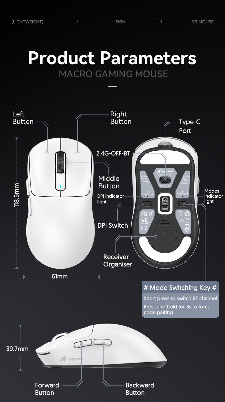 Product Introduction of Original Attack Shark X3 Wireless Mouse Multiple Colors Three-mode Lightweight Design Ergonomics PAW3395 E-sports Gaming Mouse 22
