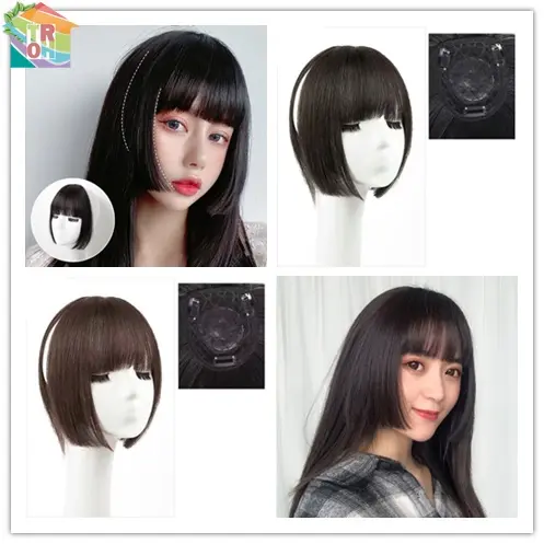 [Ready Stock] Wigs Y2K Fake Thick Fringe Clip In on Bangs Straight Natural Invisible Side Hair Extensions Brown Black with Sideburns