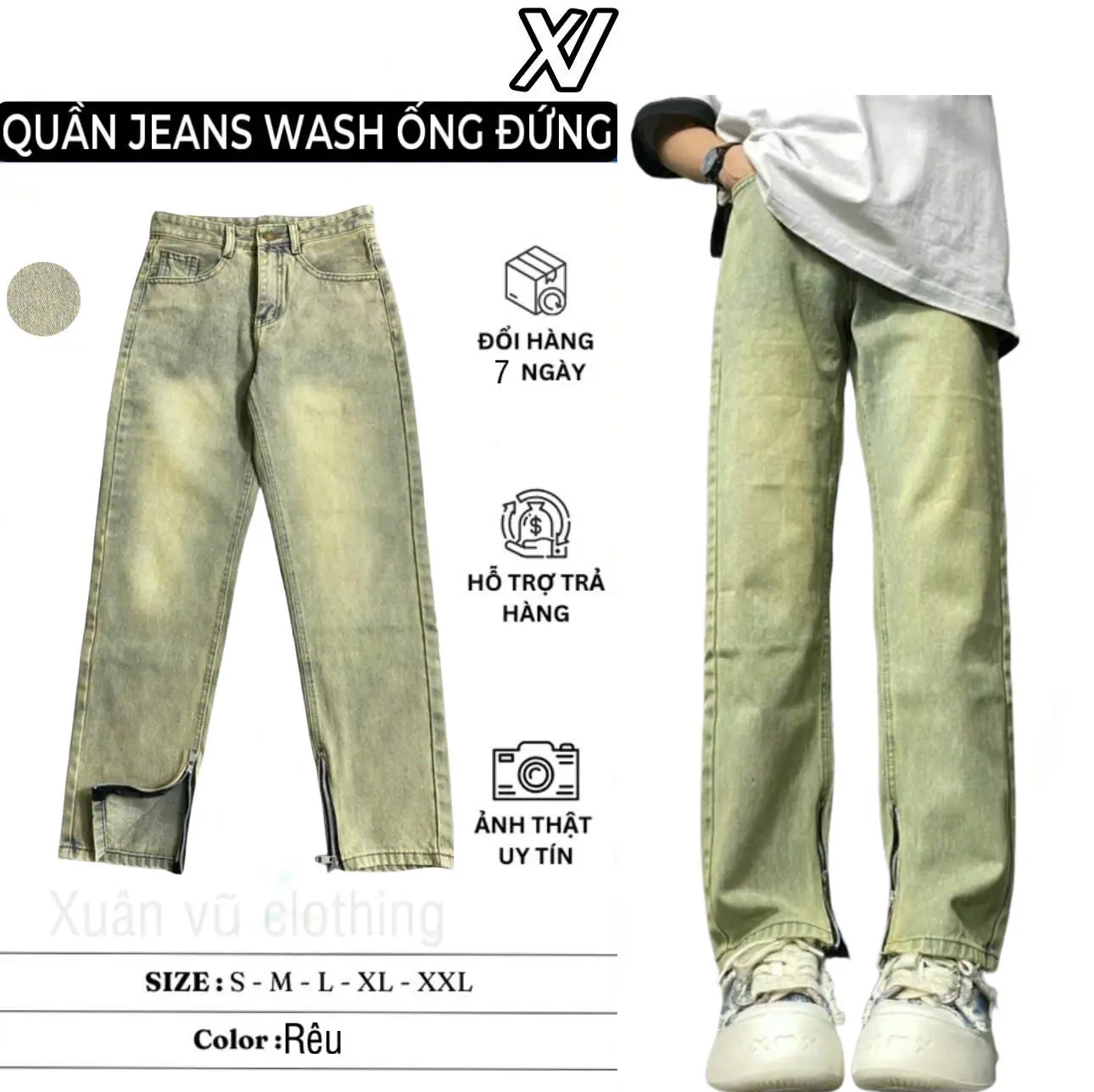 quần suông ống jean rộng khóa chân màu rêu Pants Menswear Ong Có Túi regular fit jeans