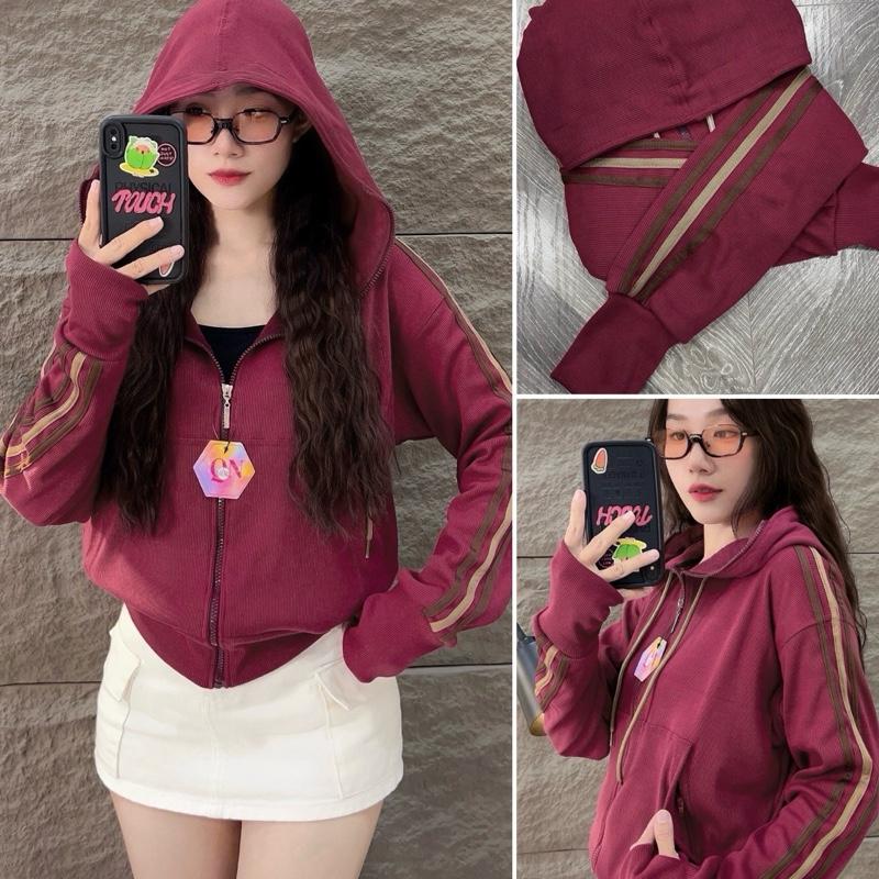 QUỲNH NHI - Túi Ngoài Khoá Kéo_Áo Khoác Gân Viền Sọc Tay Thể Thao, Nón To, Vải Dày Dặn Loại 1, Hàng May Kỹ Đẹp, Túi Trong Khoá Kéo (ST) 6 Túi