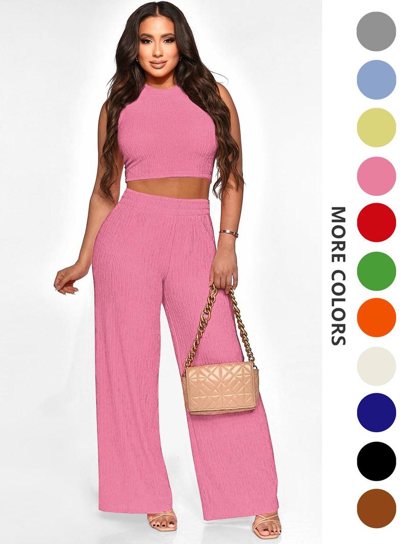 Product Introduction of Two-piece Set Women's Solid Textured Co-ord Set, Casual Round Neck Crop Tank Top & Wide Leg High Waist Pants Set, Ladies Summer Clothes for Daily Wear 6