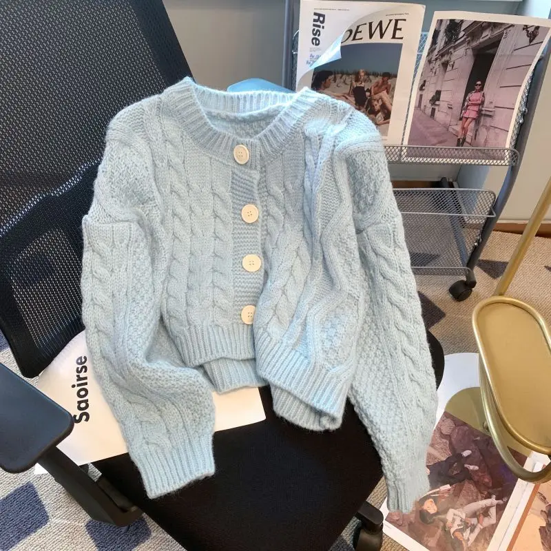 Áo Cardigan Dệt Kim, Phong Cách Pháp, Ngắn Và Cổ Điển, Màu Xanh Dương, Dành Cho Nữ, Hàng Mới Về 2024, Thích Hợp Cho Mùa Thu Và Mùa Đông, Thiết Kế Độc Đáo Thanh Lịch, Áo Khoác Len Dệt Kim Có Dây Cáp Top Women