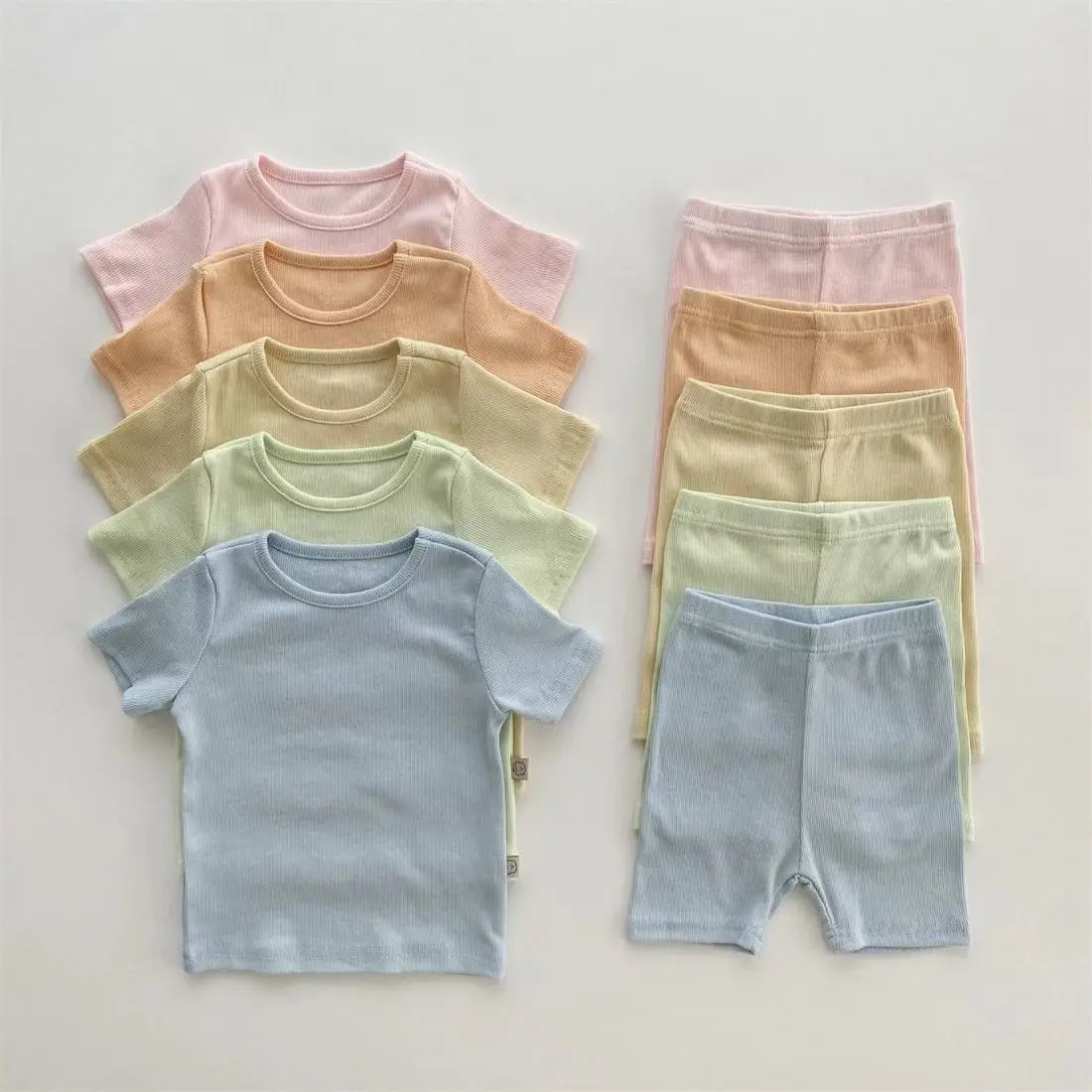 Bộ Đồ Ngủ Cho Trẻ Sơ Sinh Phong Cách Hàn Quốc, Áo Phông ngắn Tay Và Quần Đùi Cotton Nguyên Chất, Bộ Đồ Hai Mảnh Mềm Mại, Bộ Đồ Mặc Nhà, Màu Trơn Đồ Ngủ Có Gân