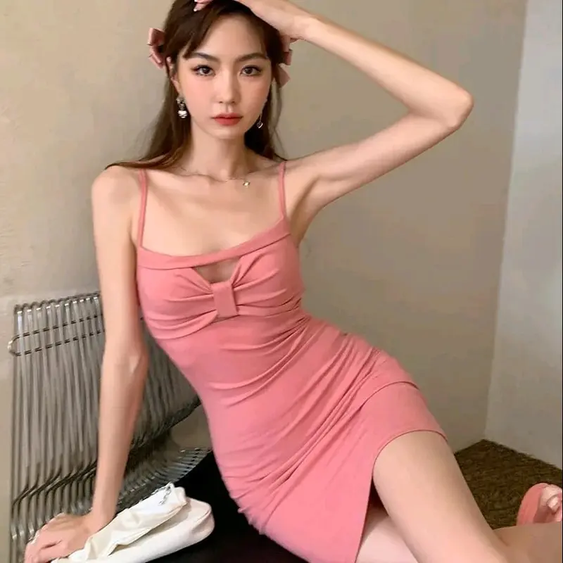 [Jennie - BLACKPINK] Women's Dress Bow Hollowed Out Slim Sexy Sleeveless Summer Solid Color 3