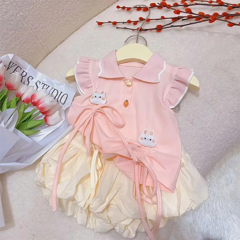 Bộ Đồ Mới Mùa Hè Cho Bé Gái, Áo Thỏ Tay Bồng Dễ Thương, Quần Đùi Trẻ Em, Váy Quần, Bộ Hai Mảnh, Thích Hợp Cho Bé Gái, 2024 Heo Tã